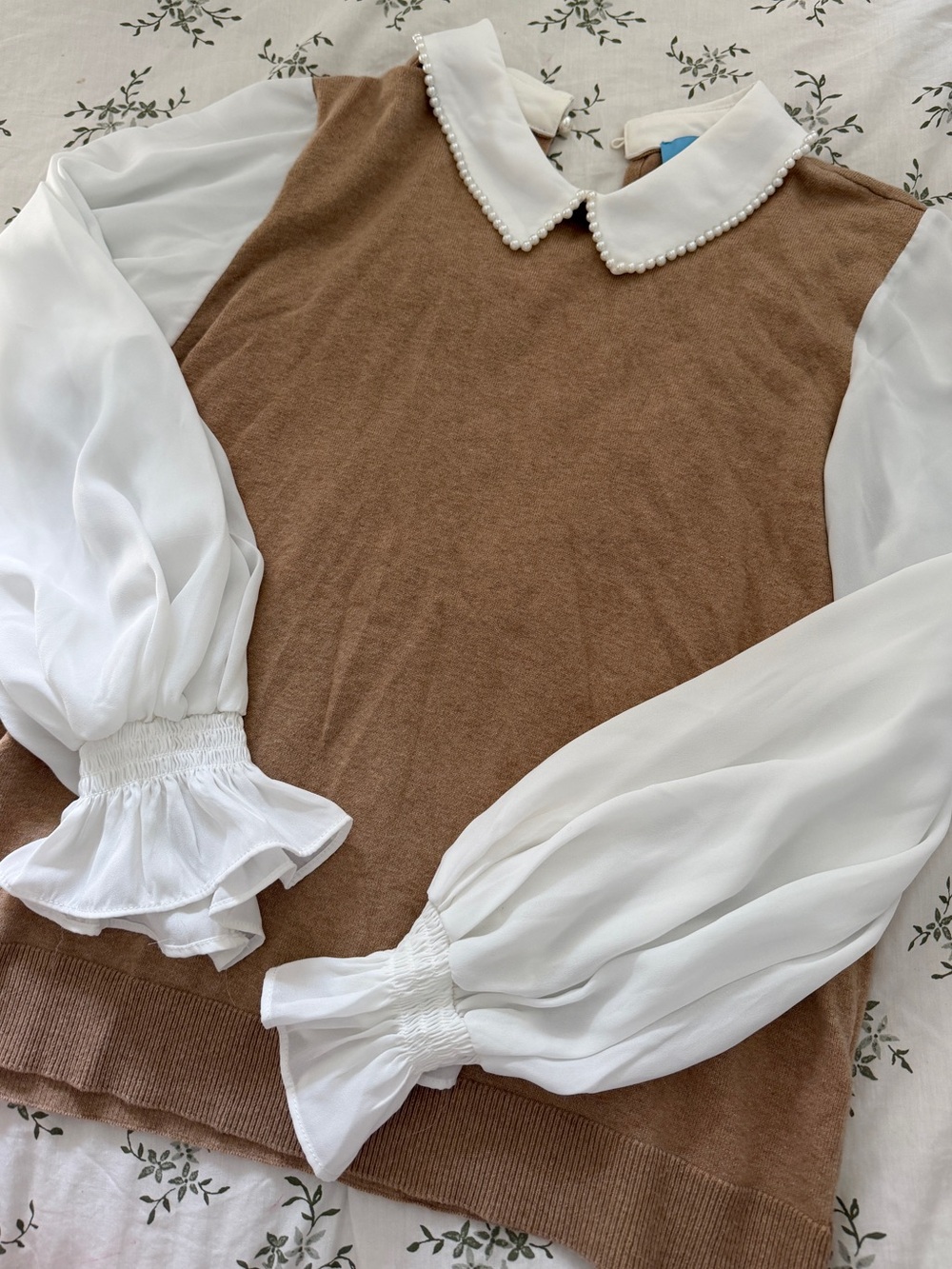 CeCe Pearl Collar Chiffon Sleeve Preppy Sweater size L